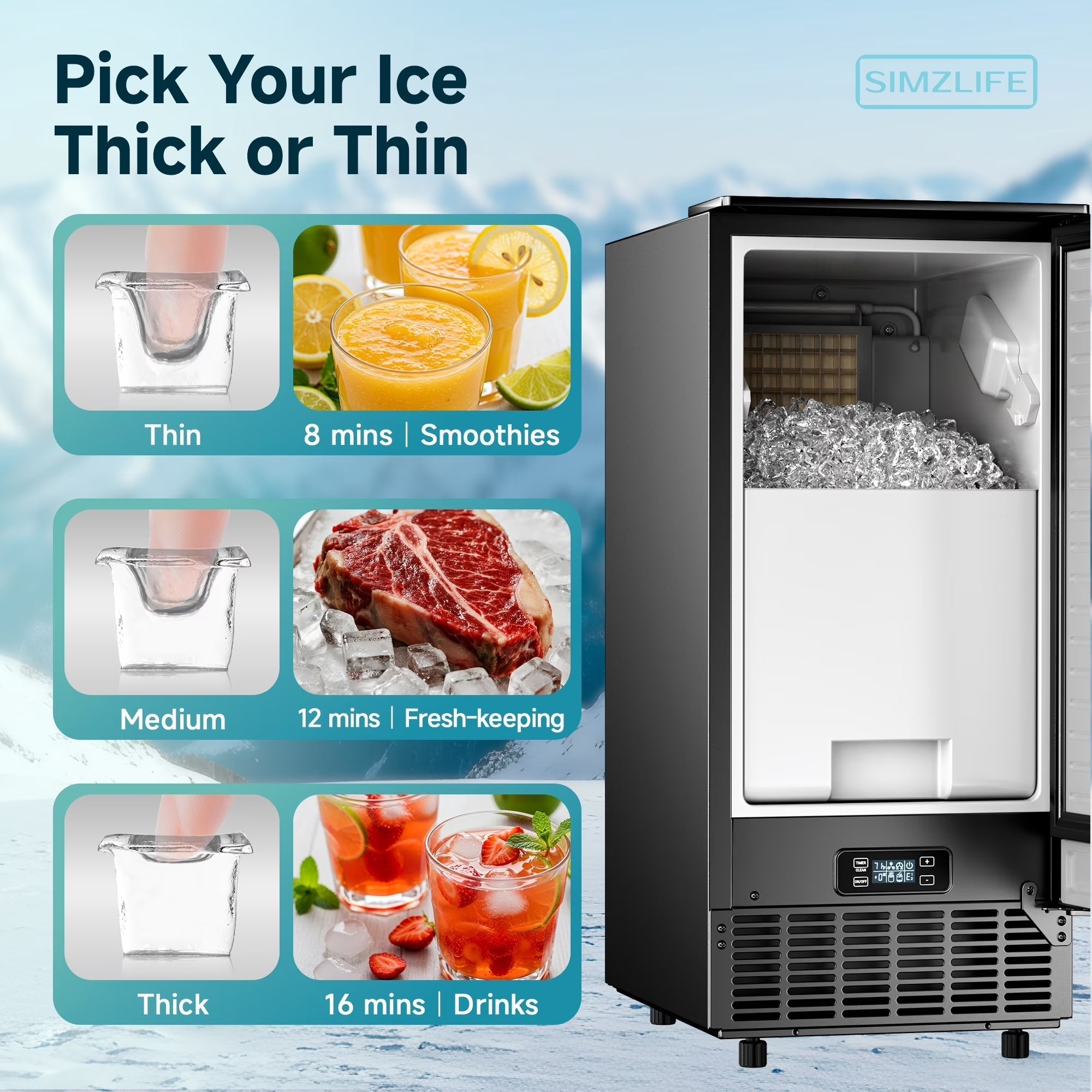 SIMZLIFE Built-in Ice Maker 80Lbs/24H, Under Counter or Freestanding, Self-Cleaning, Kitchen & Bar, Black