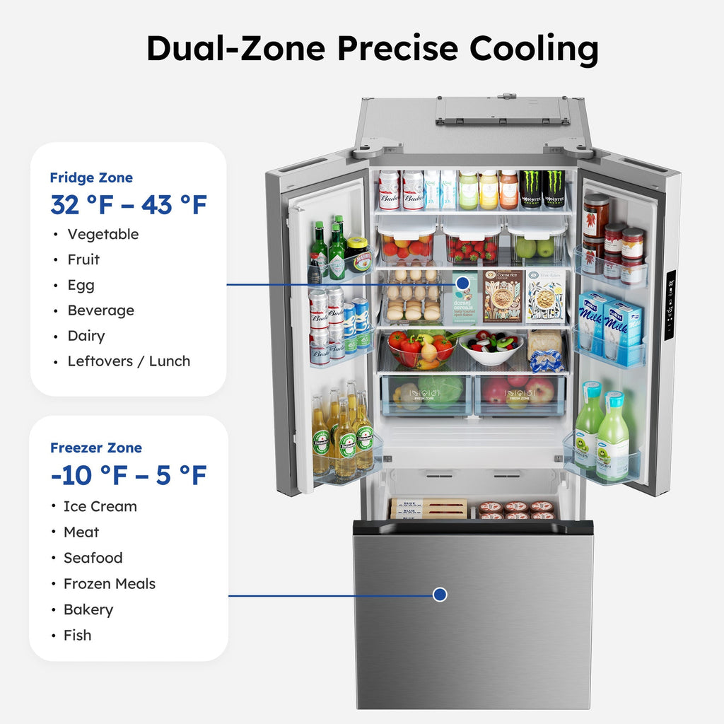 Simzlife 17.5 Cu. ft.  Counter-Depth Refrigerator with Bottom Freezer, French Door Refrigerator with Built-in Ice Maker, Stainless Steel
