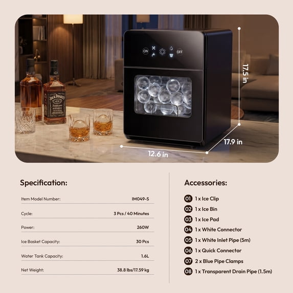 Simzlife Sphere Ice Maker, 6cm Clear Ice Ball Machine, 3 Balls/Batch for Whiskey & Cocktails, Touch Control