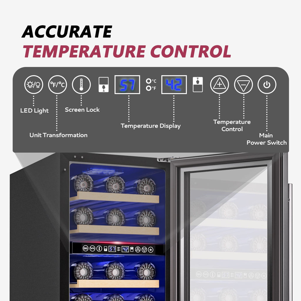 Simzlife 15 Inch Wine Fridge, Dual Zone Wine Chiller with Digital Temperature Control, Wine Cooler Upgraded Compressor Fits Low Noise, Wine Storage with Double-Layer Glass Door, 33 Bottles