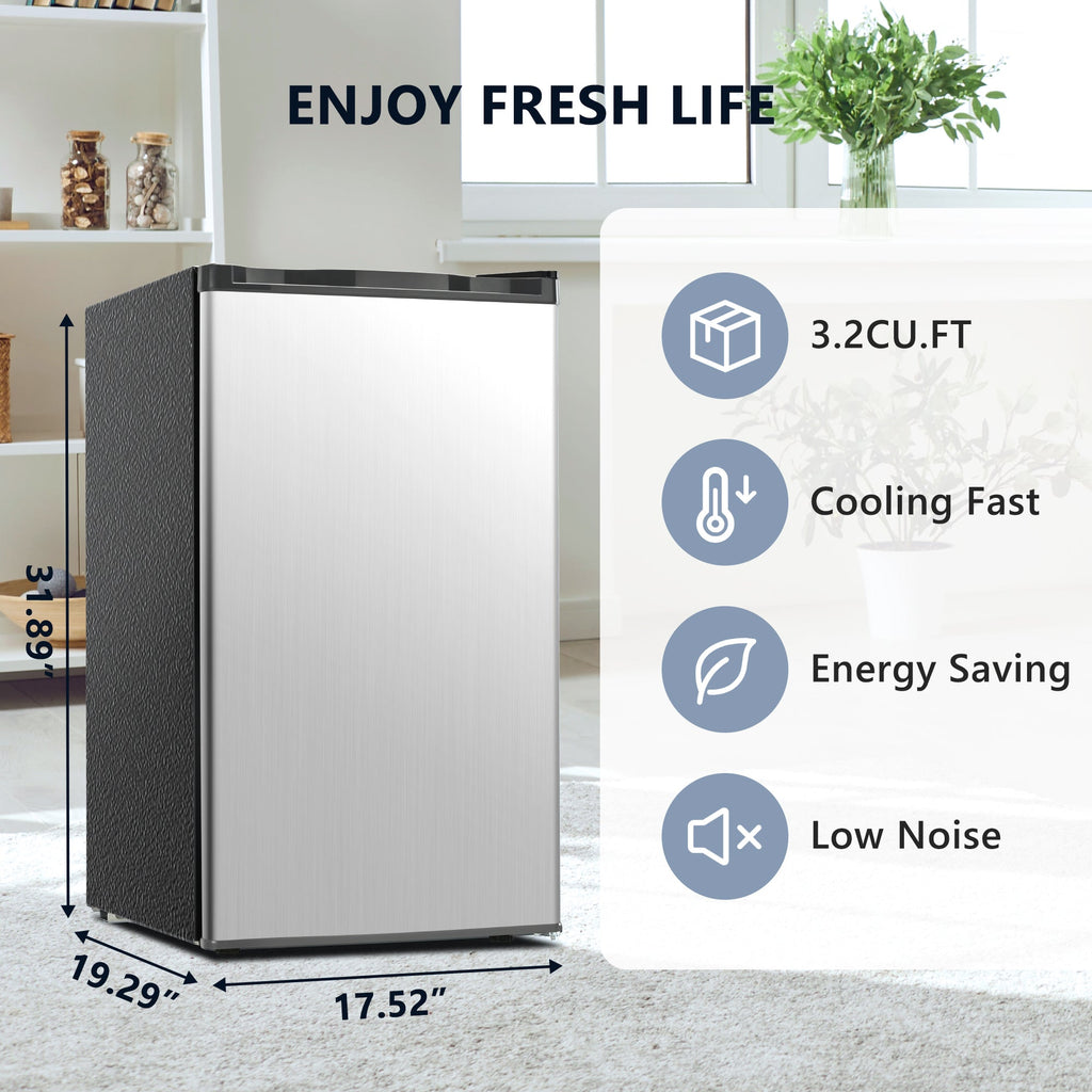 Simzlife 3.2 Cu.ft Mini Fridge with Freezer，Compact Design with Single Door ，19.3 in D，31.9 in H, Silver