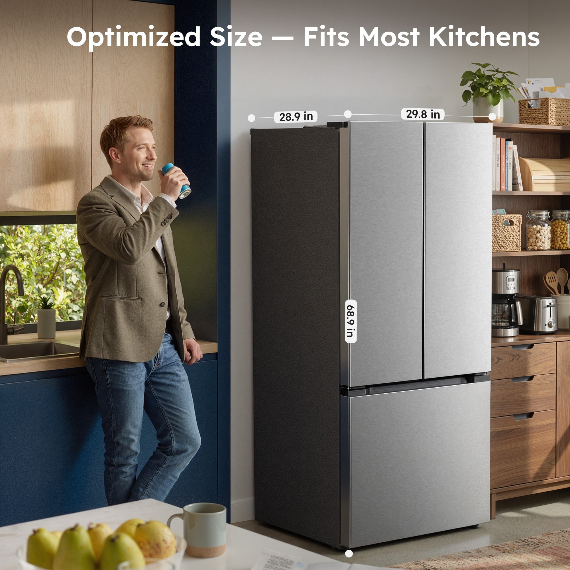 Simzlife 17.5 Cu. ft.  Counter-Depth Refrigerator with Bottom Freezer, French Door Refrigerator with Built-in Ice Maker, Stainless Steel