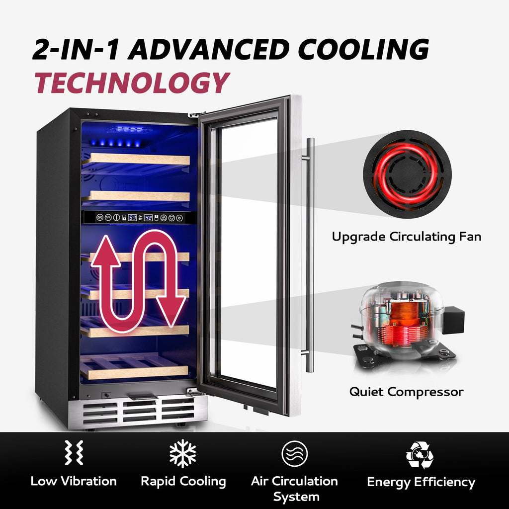Simzlife 15 Inch Wine Fridge, Dual Zone Wine Chiller with Digital Temperature Control, Wine Cooler Upgraded Compressor Fits Low Noise, Wine Storage with Double-Layer Glass Door, 33 Bottles