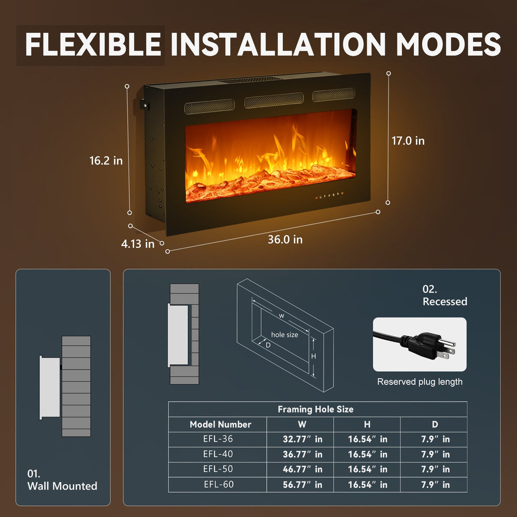Simzlife 36 Inch Electric Fireplace Wall Recessed and Wall Mounted with Adjustable Flame Color, Fireplace Heater with Remote Control, Linear Fireplace with Timer, Touch Screen, Log & Crystal, 750/1500W