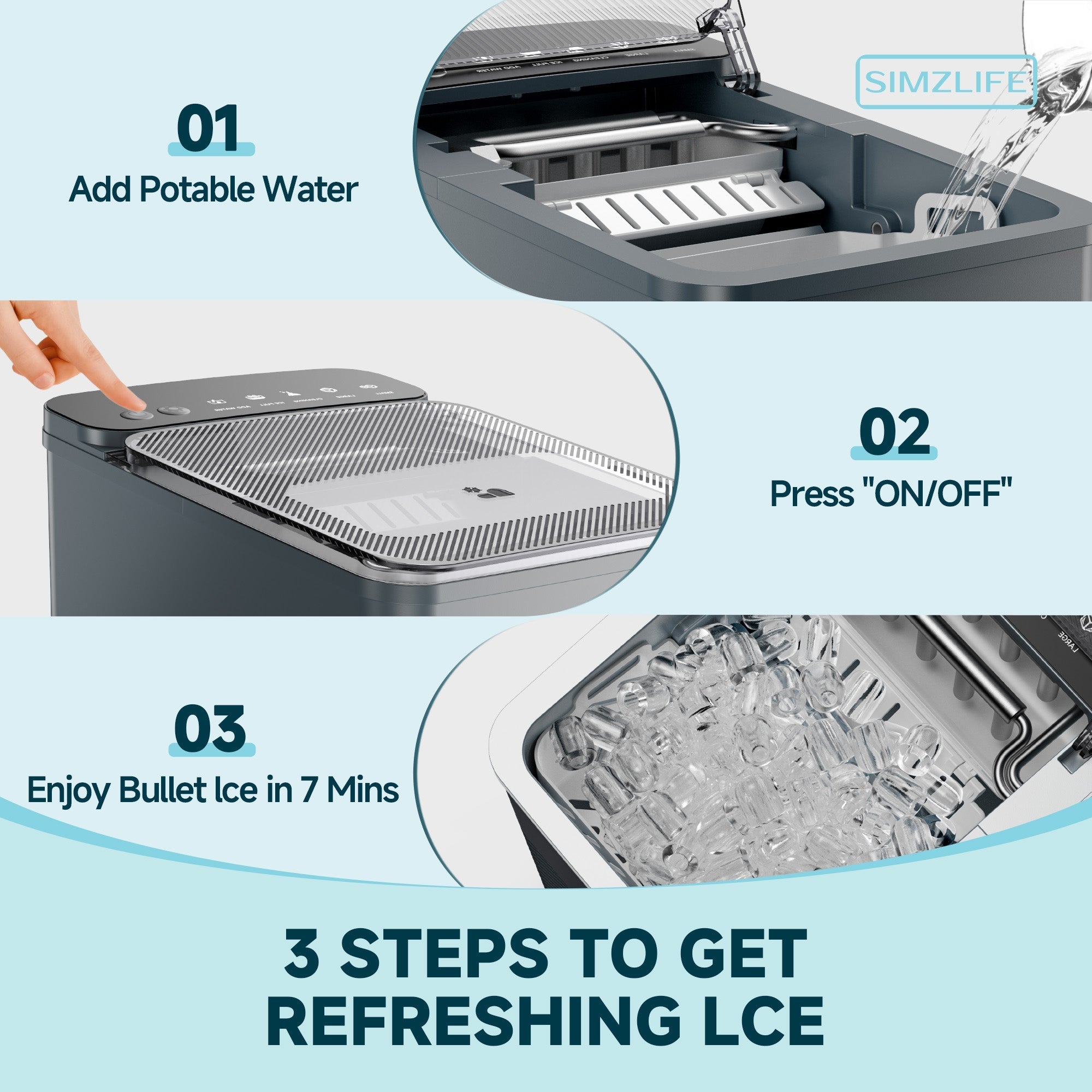 Simzlife Ice Maker Countertop, 9 Cubes Ready in 6 Mins, 26lbs in 24Hrs, Self-Cleaning Ice Machine with Ice Scoop and Basket, 2 Sizes of Bullet Ice for Home Kitchen Office Bar Party, Grey
