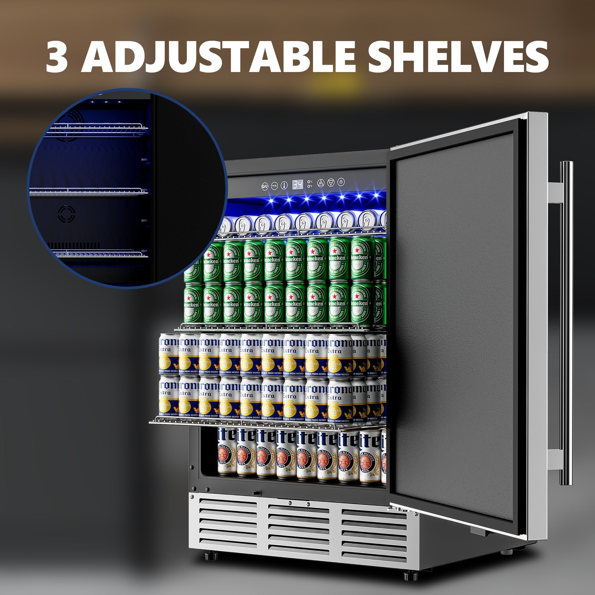 Simzlife 4.9 Cu.ft. Undercounter Freestanding Stainless Steel Door Beverage Refrigerator, 23.4 in W, 34.25 in H