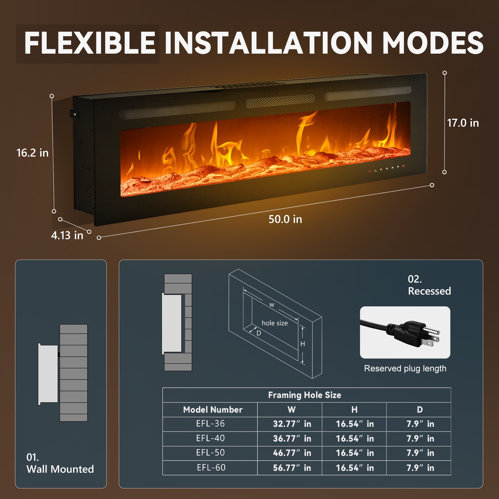 Simzlife 50 Inch Electric Fireplace Wall Recessed and Wall Mounted with Adjustable Flame Color, Fireplace Heater with Remote Control, Linear Fireplace with Timer, Touch Screen, Log & Crystal, 750/1500W