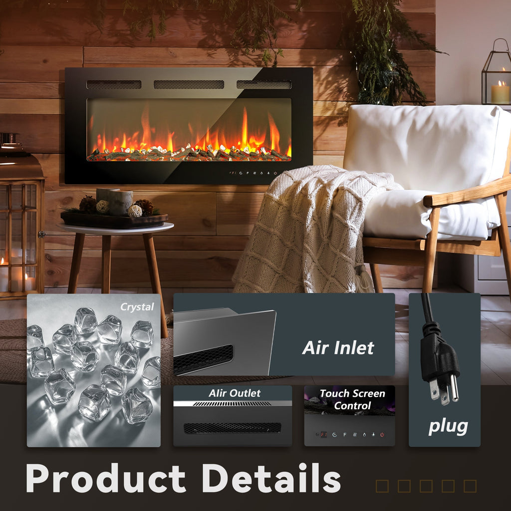 Simzlife 36 Inch Electric Fireplace Wall Recessed and Wall Mounted with Adjustable Flame Color, Fireplace Heater with Remote Control, Linear Fireplace with Timer, Touch Screen, Log & Crystal, 750/1500W