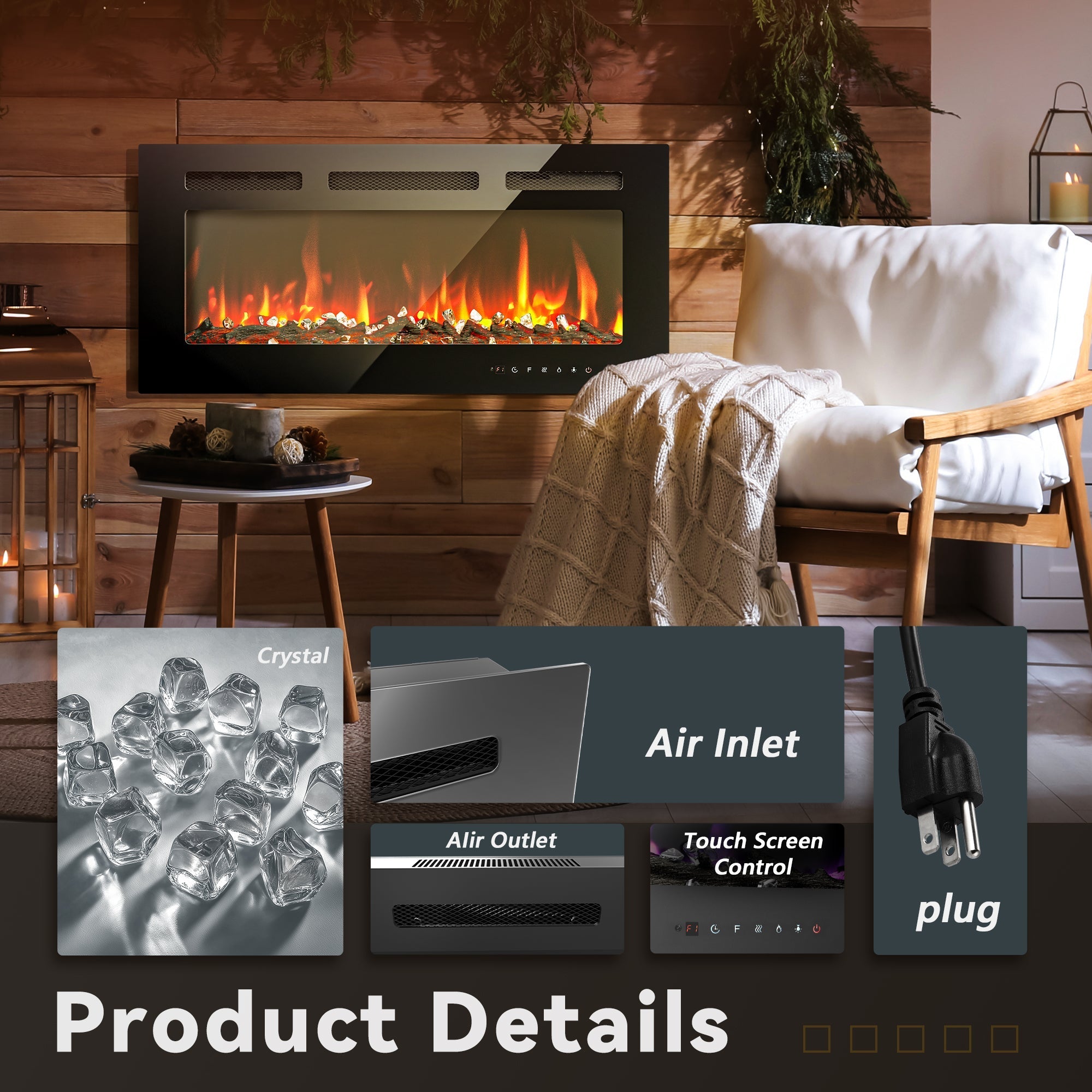 Simzlife 36 Inch Electric Fireplace Wall Recessed and Wall Mounted with Adjustable Flame Color, Fireplace Heater with Remote Control, Linear Fireplace with Timer, Touch Screen, Log & Crystal, 750/1500W