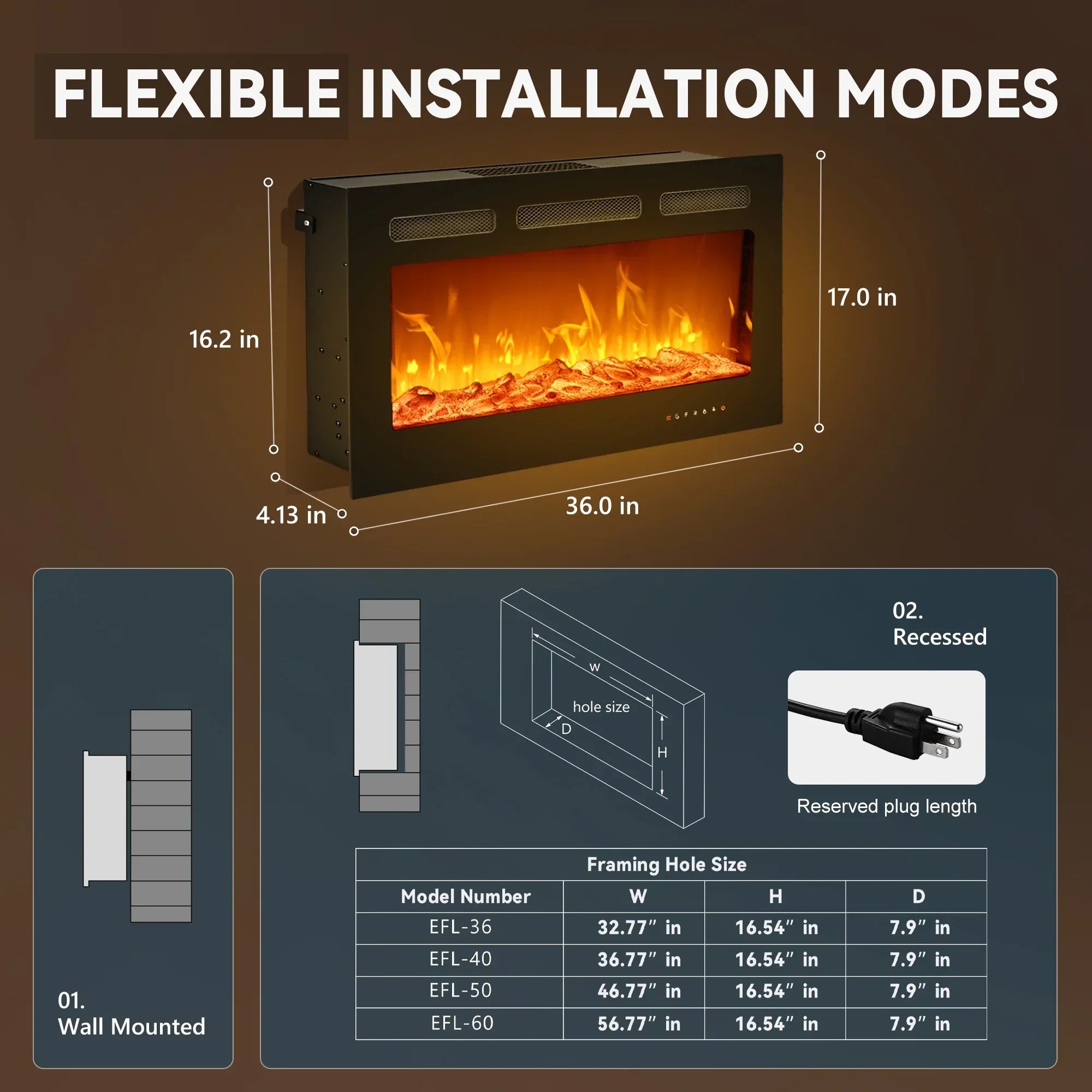 Simzlife 36 inch Indoor Electric Fireplace Ultra Thin Fireplace, Wall Mounted Recessed Fireplace with Multiple Colors Remote Control