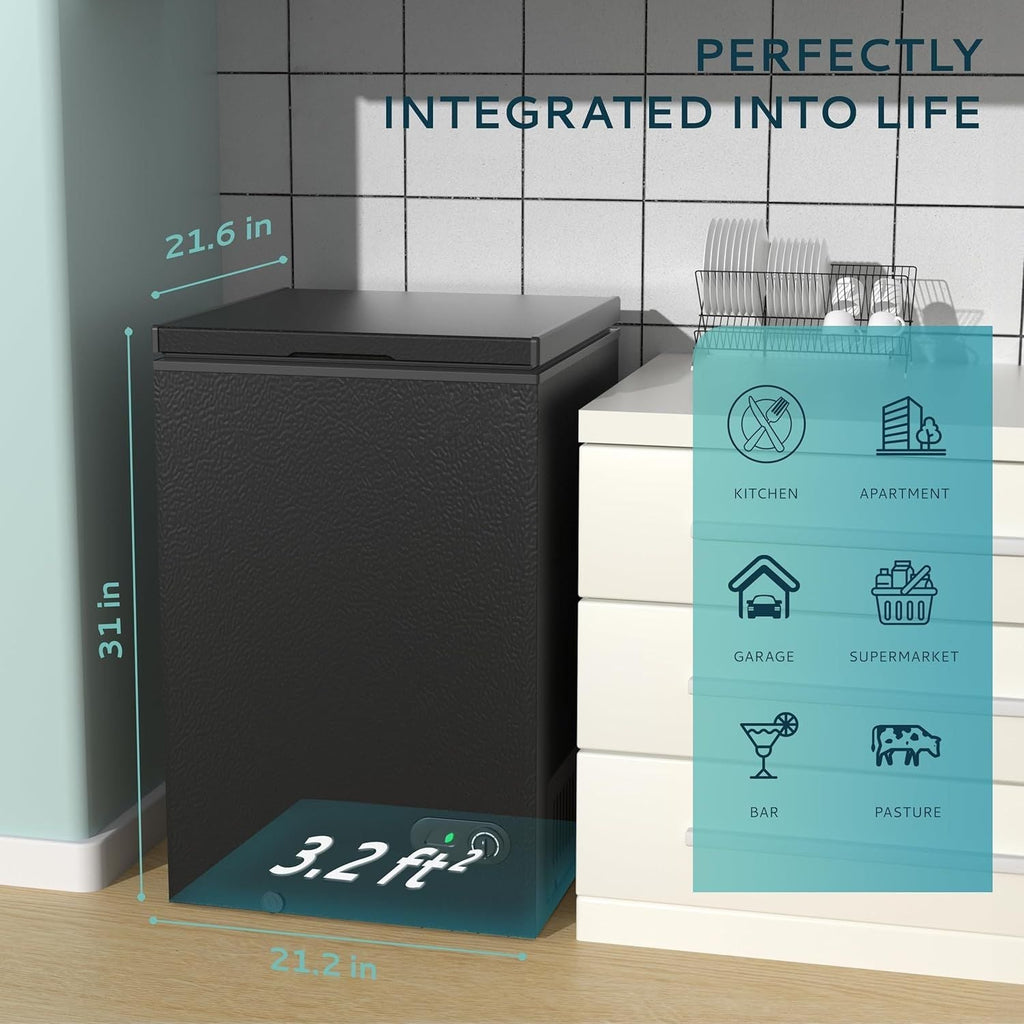 Simzlife 3.5 Cu.Ft Chest Freezer with Removable Basket, Small Deep Freezer Adjustable 7 Thermostat, Quiet Mini Freezer Free-Standing Top Door, Energy Saving for Apartment/Garage/Basement/Dorm/Home,Black