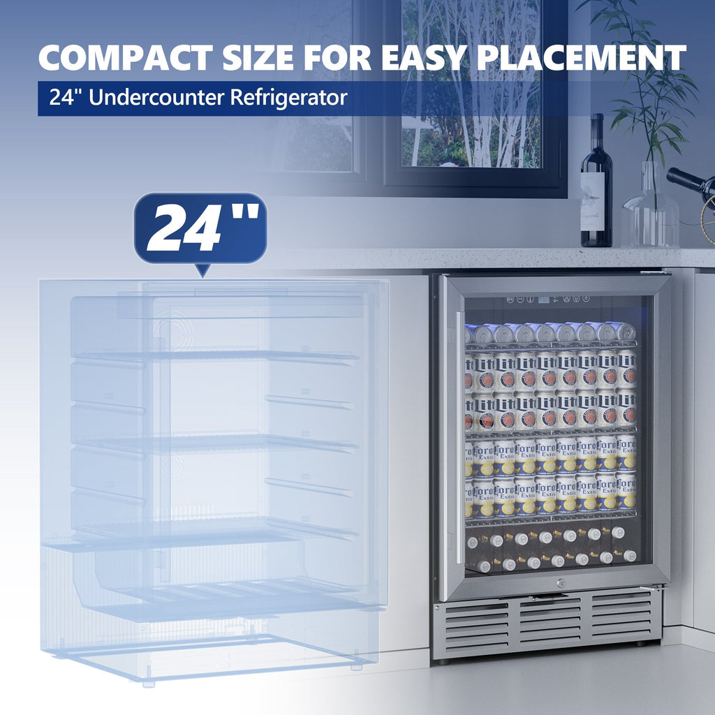 Simzlife 24 Inch Beverage Refrigerator, 180 Can Built-in Beverage Cooler, Under Counter Beer Fridge with Glass Door for Soda, Water, Wine - For Kitchen, Bar or Office