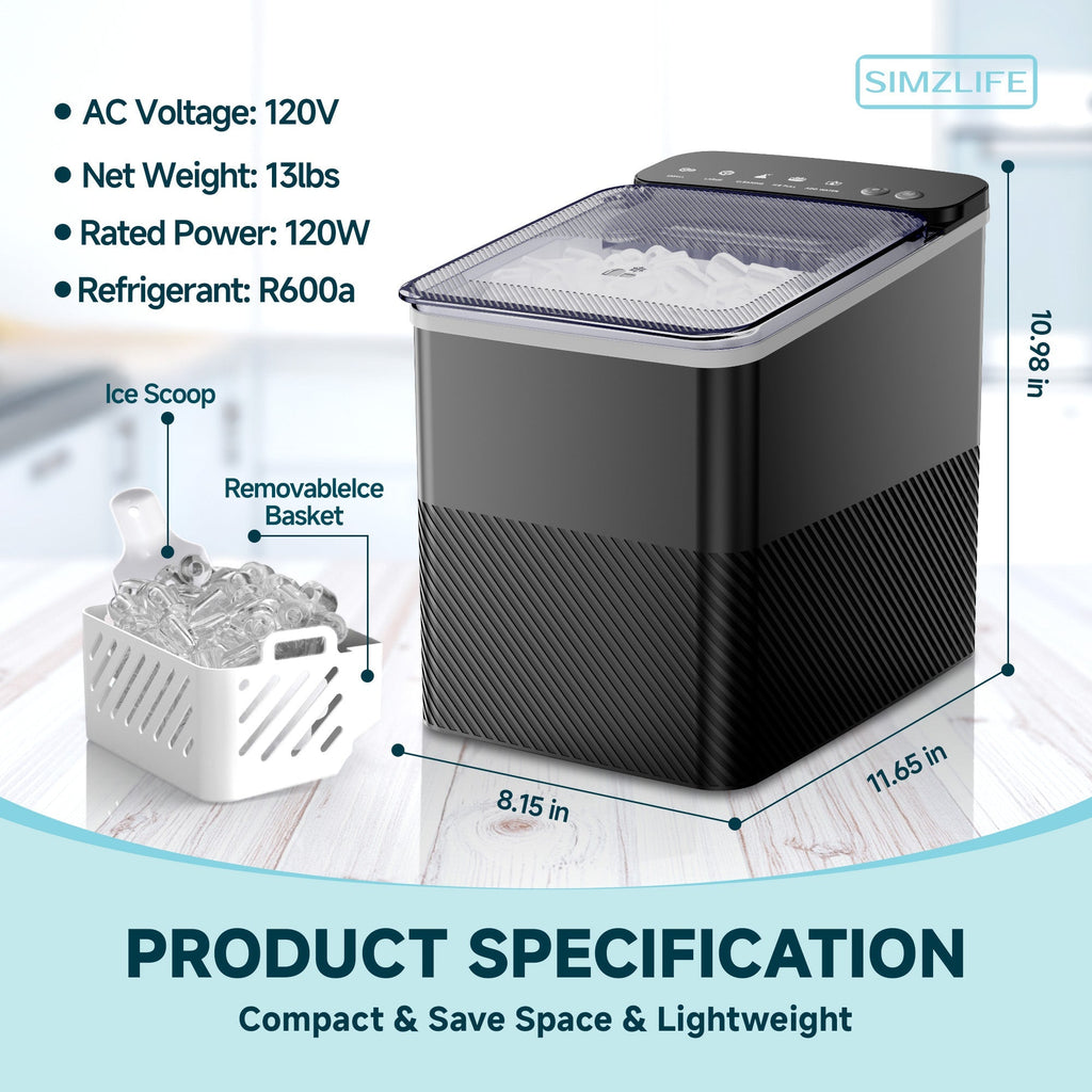 Simzlife Ice Maker Countertop, 9 Cubes Ready in 6 Mins, 26lbs in 24Hrs, Self-Cleaning Ice Machine with Ice Scoop and Basket, 2 Sizes of Bullet Ice for Home Kitchen Office Bar Party