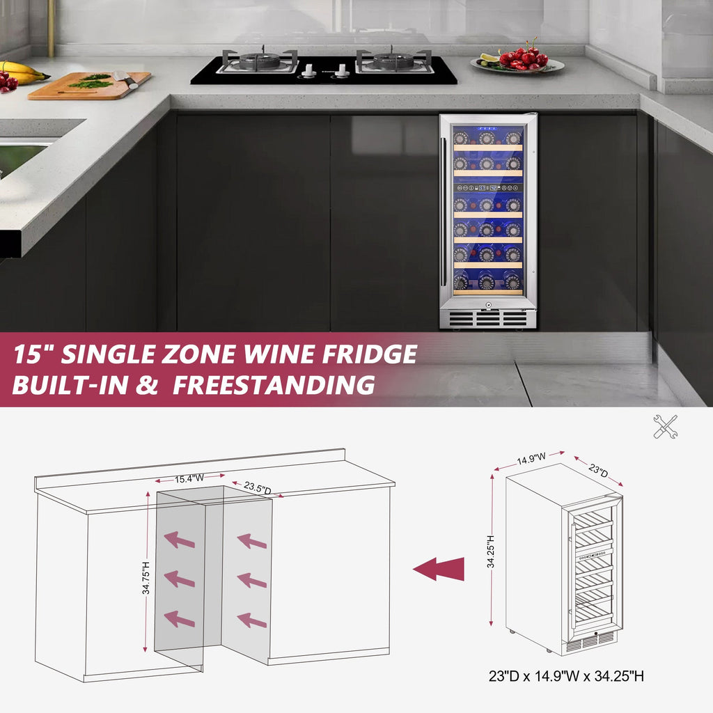 Simzlife 15 Inch Wine Fridge, Dual Zone Wine Chiller with Digital Temperature Control, Wine Cooler Upgraded Compressor Fits Low Noise, Wine Storage with Double-Layer Glass Door, 33 Bottles