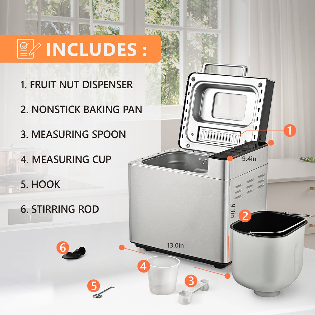 Simzlife 25-in-1 Bread Maker Machine, 2LB Capacity for Dough & Bread with Automatic Fruit and Nut Dispenser, Stainless Steel Construction