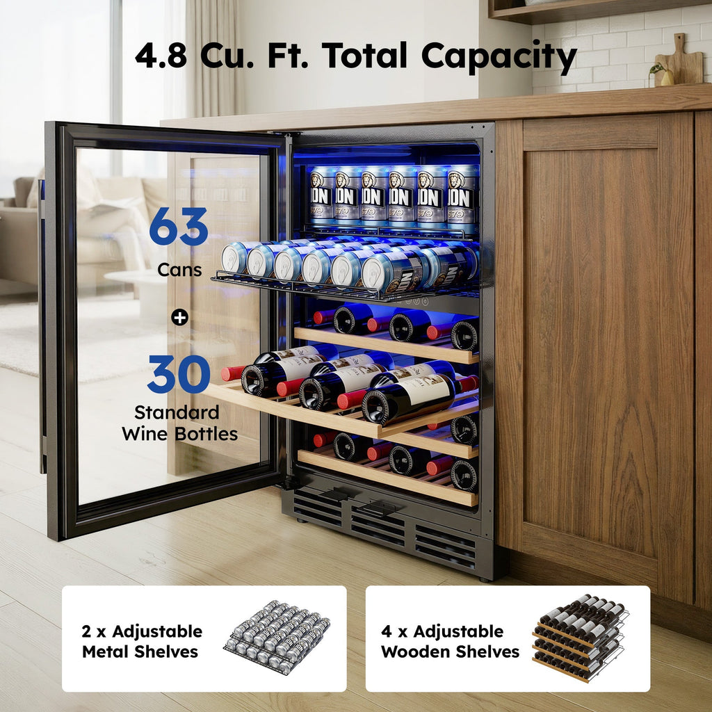 Simzlife 4.5 Cu.Ft Dual Zone Beverage Refrigerator Wine Cooler, Wine Chiller for 30 Bottles Wine & 65 Cans Drink, Adjustable Temperature Control for Home/Office/Bar,Black