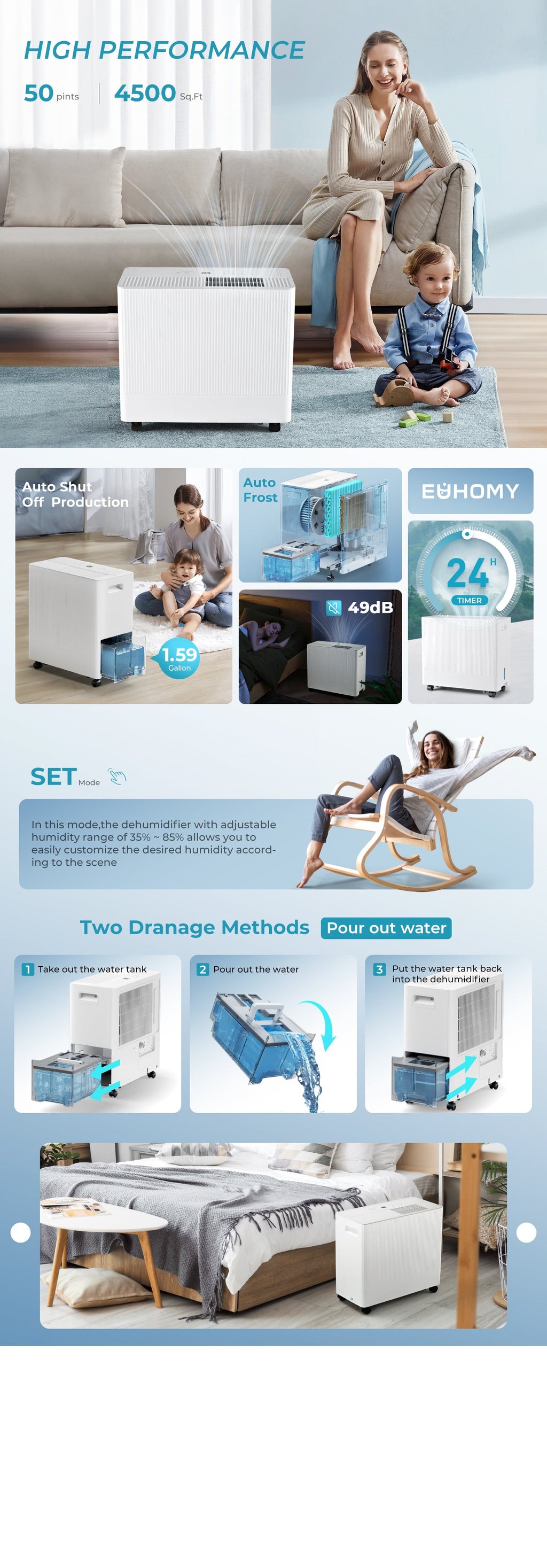 Simzlife 4500 Sq.Ft Energy Star Dehumidifier for Basement with Drain Hose,50 Pint to 110 Pint Large Dehumidifier with 1.59 Gallon Water Tank and Auto Shut-off and 4 Operation Modes for Home