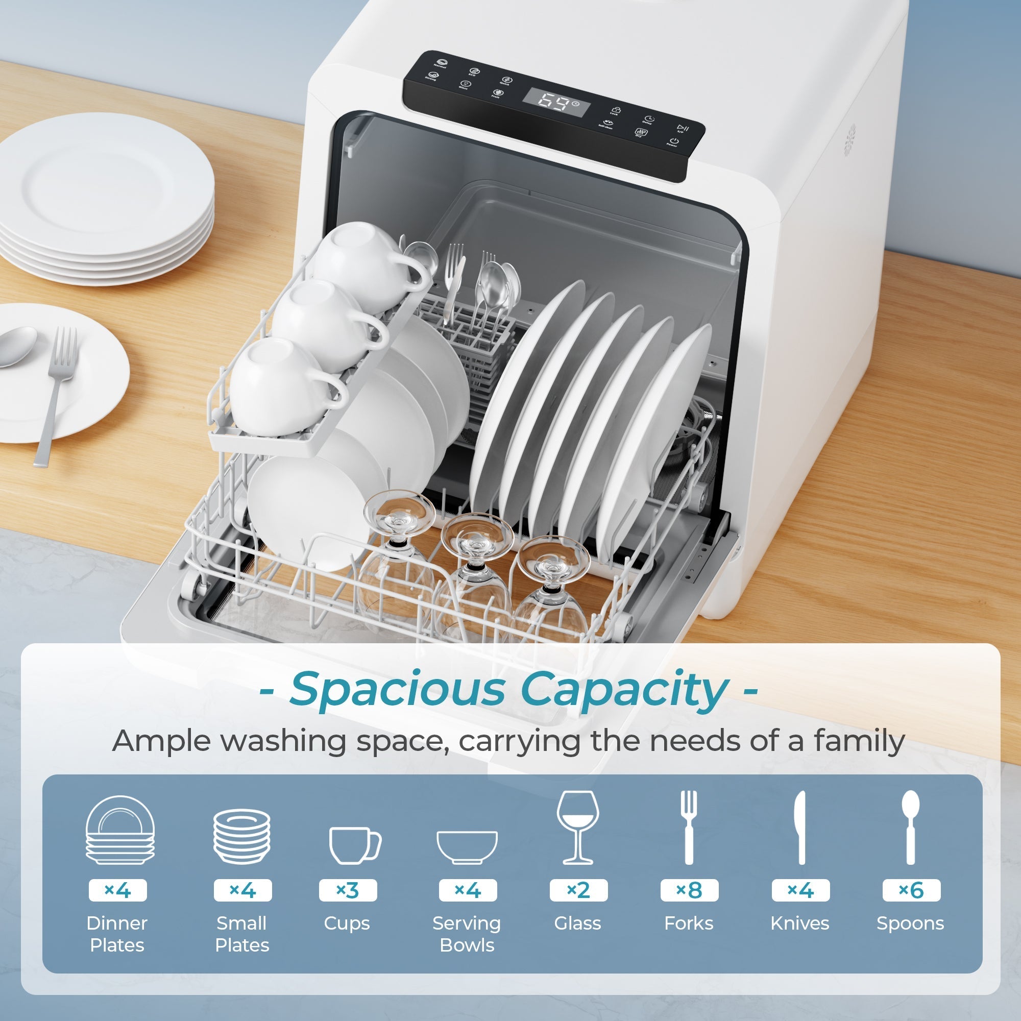 Simzlife Portable Countertop Dishwasher with 8 Programs, 5L Built-in Water Tank, Compact Dishwasher with 360°Dual Spray, Self Clean