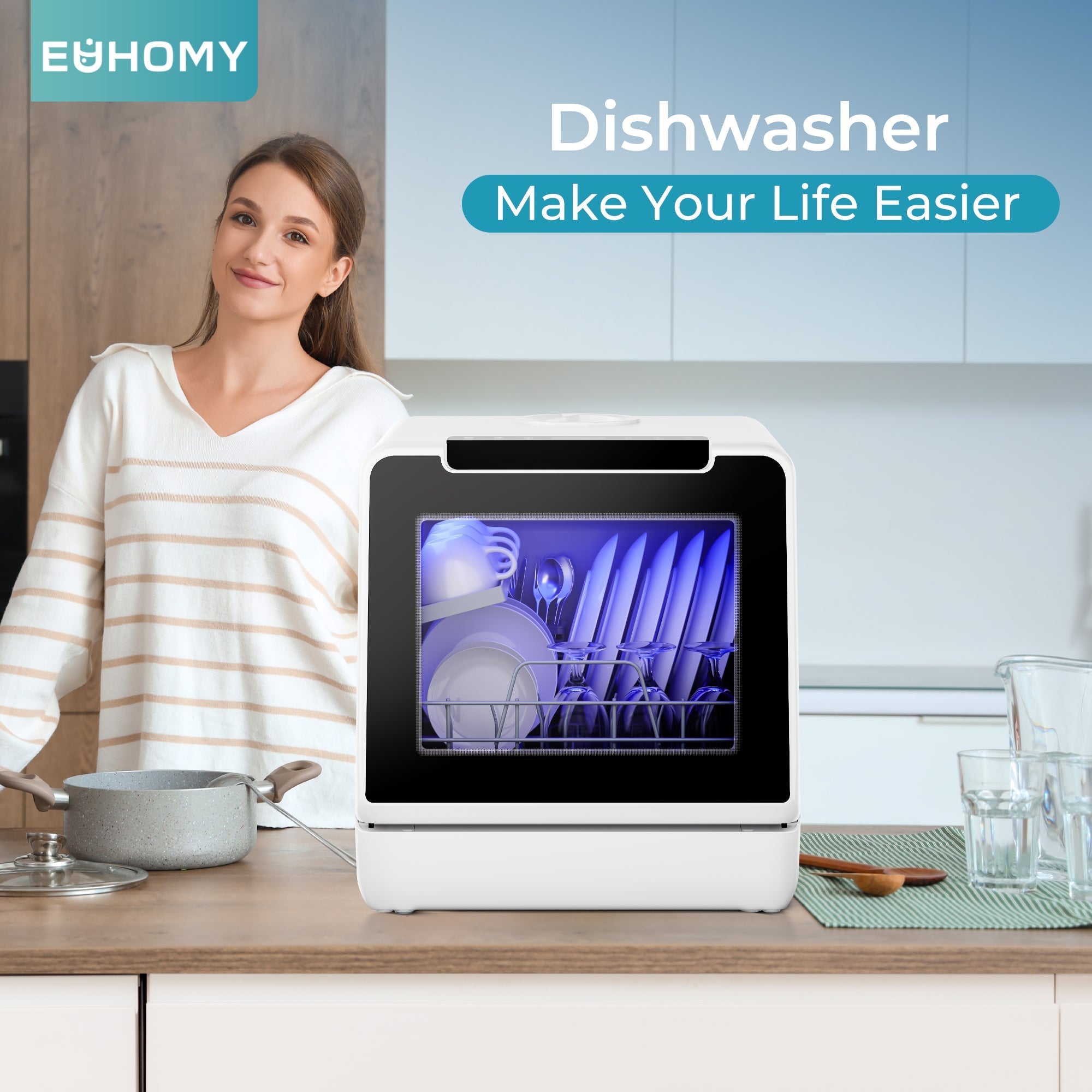 Simzlife Portable Countertop Dishwasher with 8 Programs, 5L Built-in Water Tank, Compact Dishwasher with 360°Dual Spray, Self Clean