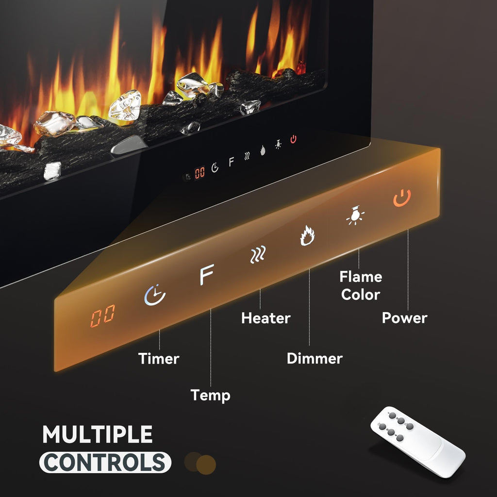Simzlife 60 Inch Electric Fireplace Wall Recessed and Wall Mounted with Adjustable Flame Color, Fireplace Heater with Remote Control, Linear Fireplace with Timer, Touch Screen, Log & Crystal, 750/1500W