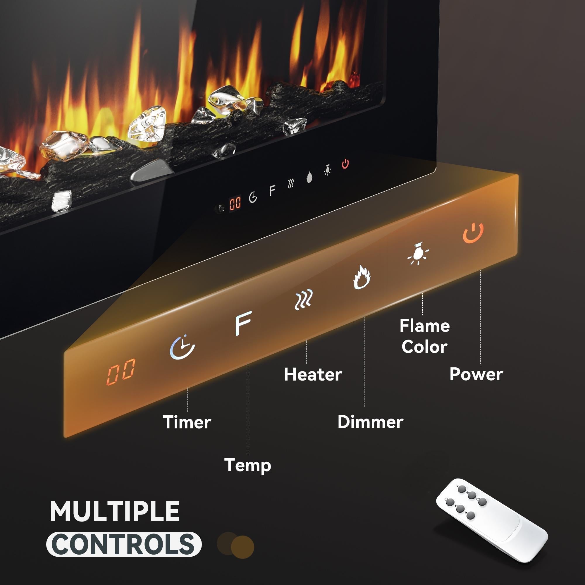 Simzlife 60 Inch Electric Fireplace Wall Recessed and Wall Mounted with Adjustable Flame Color, Fireplace Heater with Remote Control, Linear Fireplace with Timer, Touch Screen, Log & Crystal, 750/1500W