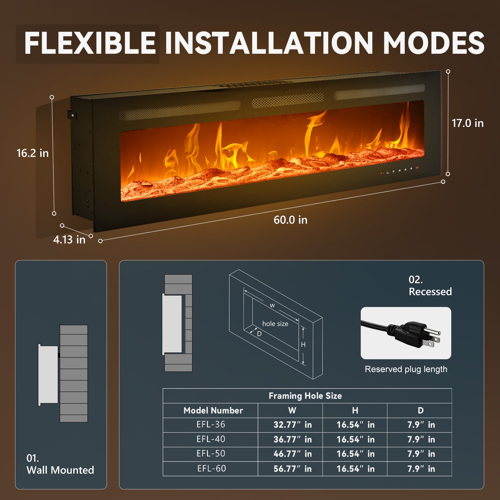 Simzlife 60 inch Electric Fireplace Recessed Wall Mounted Freestanding with Remote Control, Ultra-thin Fireplace Heater with Adjustable Flame Color, Linear Fireplace with Timer, Log & Crystal, 750/1500W