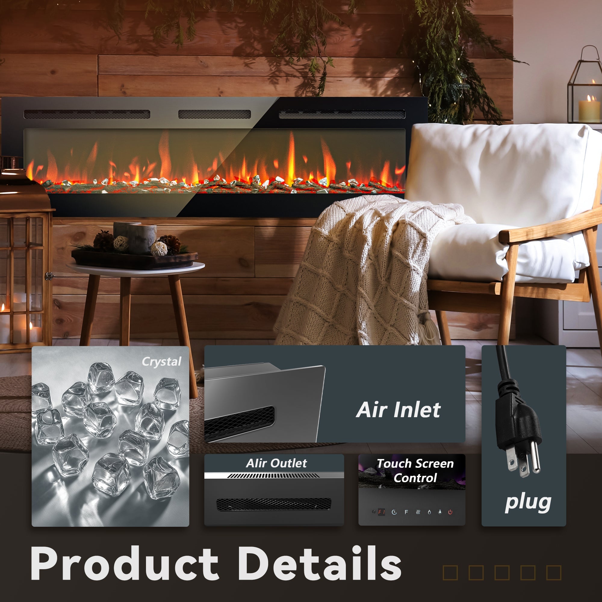 Simzlife 60 Inch Electric Fireplace Wall Recessed and Wall Mounted with Adjustable Flame Color, Fireplace Heater with Remote Control, Linear Fireplace with Timer, Touch Screen, Log & Crystal, 750/1500W