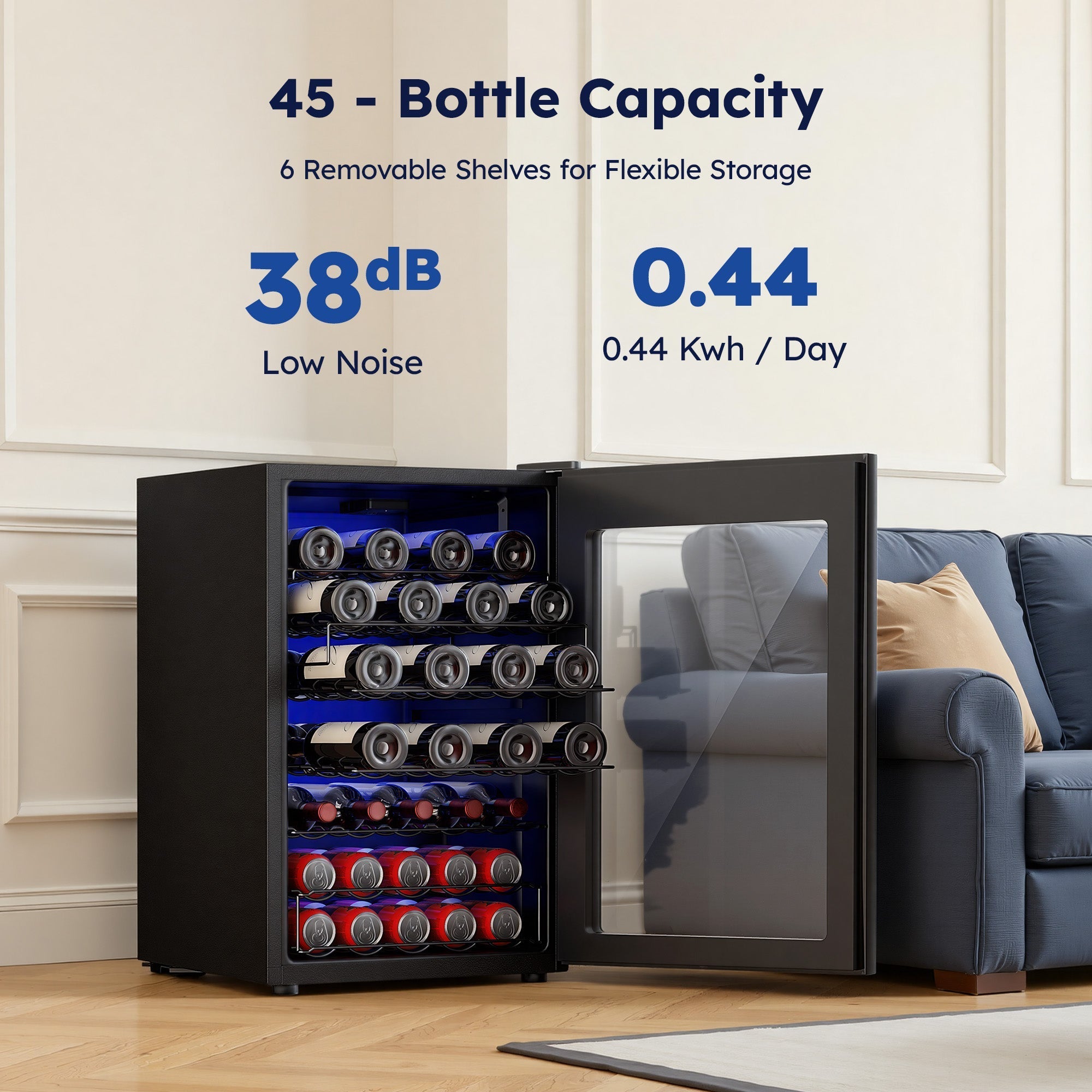 Simzlife 45 Bottle Wine Cooler Refrigerator,Built-in Wine Fridge with Stainless Steel Glass Door, for Home, Kitchen, or Office