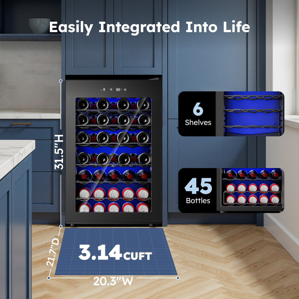 Simzlife 45 Bottle Wine Cooler Refrigerator,Built-in Wine Fridge with Stainless Steel Glass Door, for Home, Kitchen, or Office
