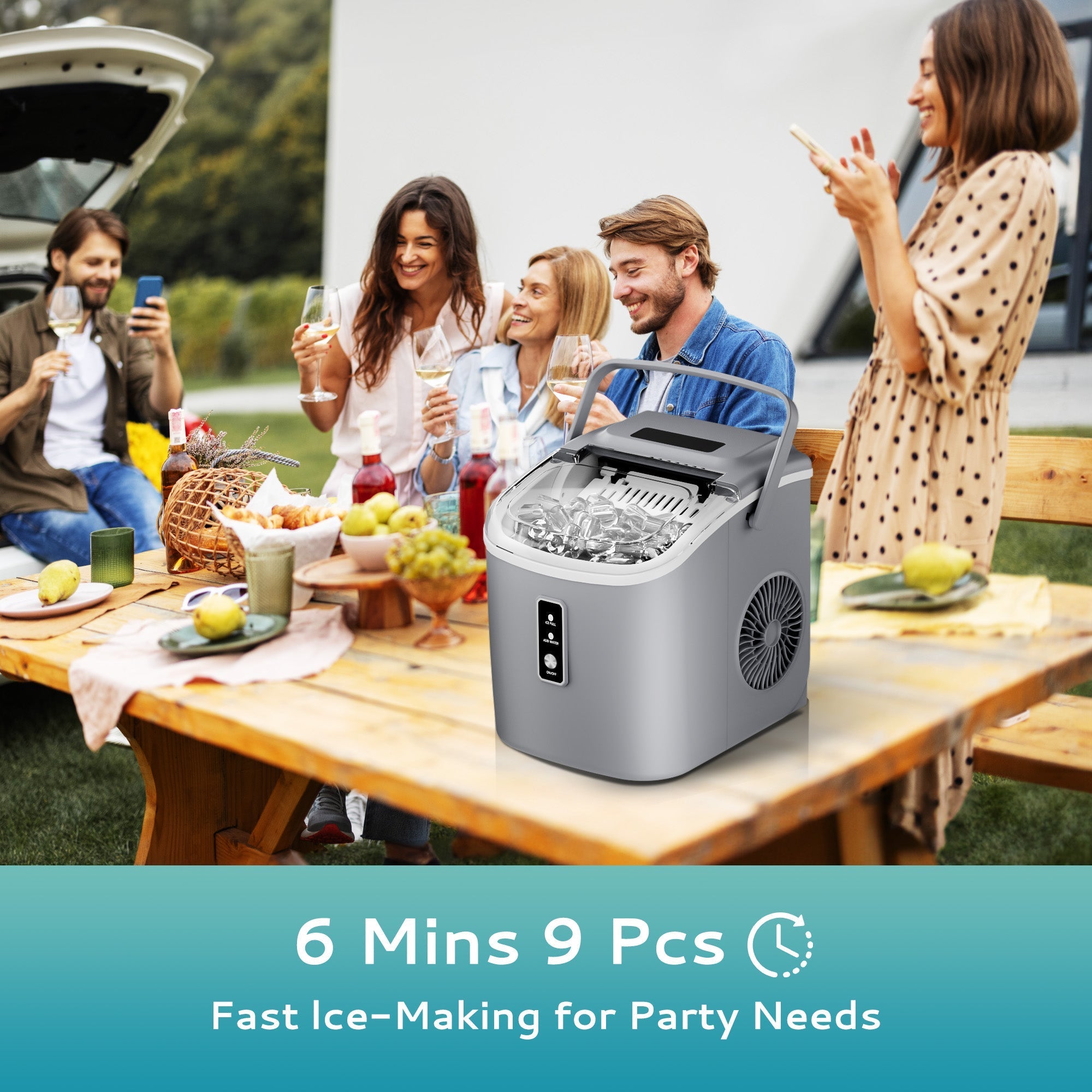 Simzlife Countertop Ice Maker with Handle,Portable Ice Machine with Basket and Scoop, 9 Bullet Ice In 6 Mins, 26Lbs/24H, Gray