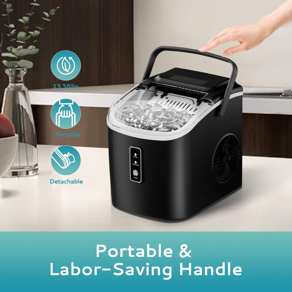 Simzlife Countertop Ice Maker with Handle,Portable Ice Machine with Basket and Scoop, 9 Bullet Ice In 6 Mins, 26Lbs/24H,Black