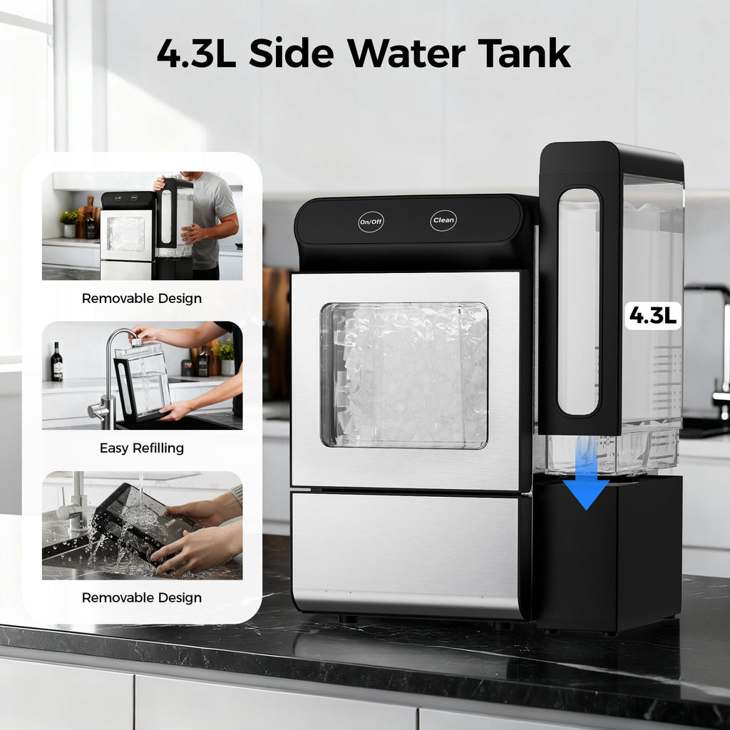 Simzlife Nugget Ice Maker with 4.3L Side Tank, Self- Cleaning Countertop Ice Machine, Soft Chewable Pellet Ice for Home/Kitchen/Party
