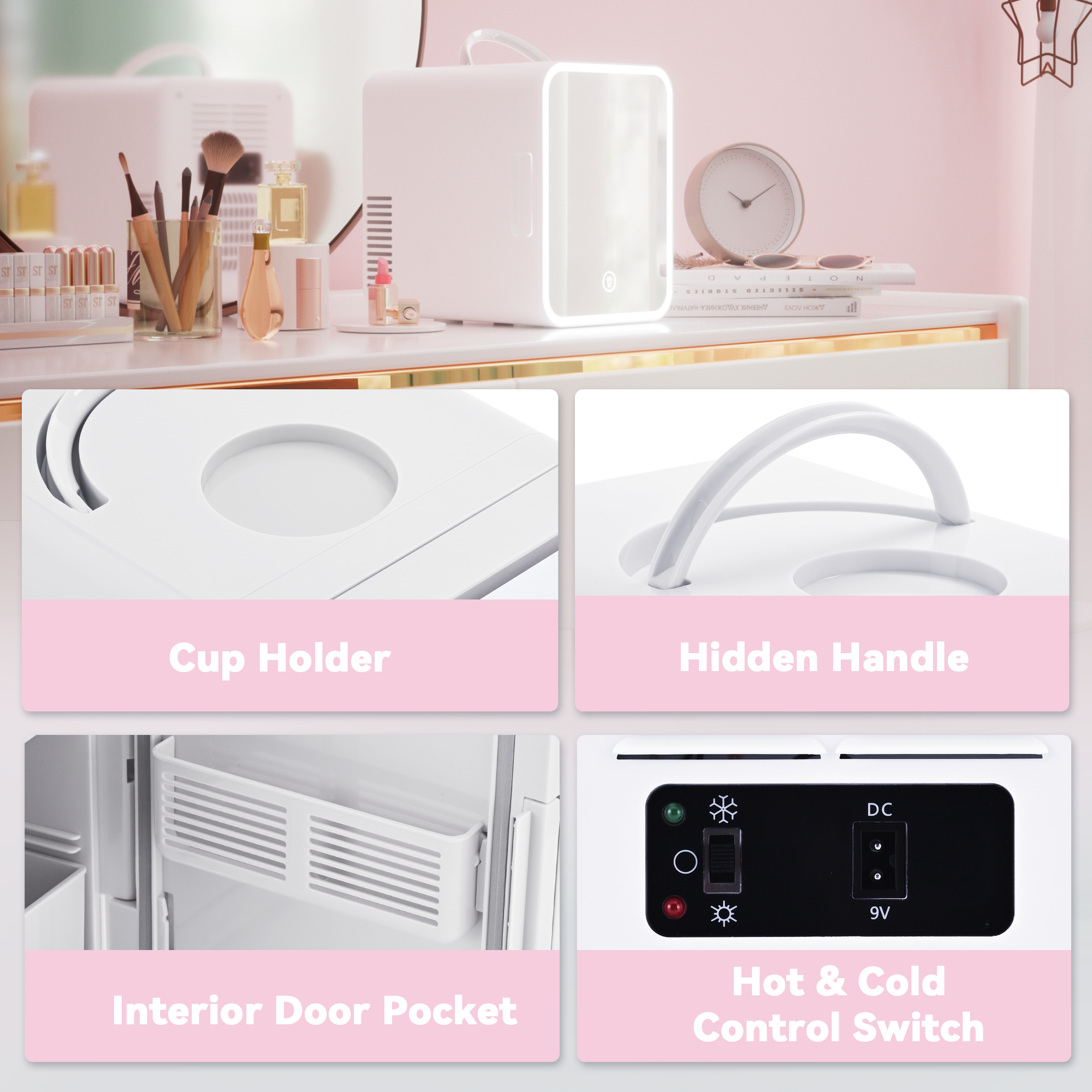 Simzlife Mini Fridge, 5L AC/DC Small Refrigerator with Dimmable LED Mirror, Portable Cooler and Warmer for Skin Care, Cosmetics, Beverage, 5L Makeup Mini Skincare Fridge for Bedroom, Car, Office, White