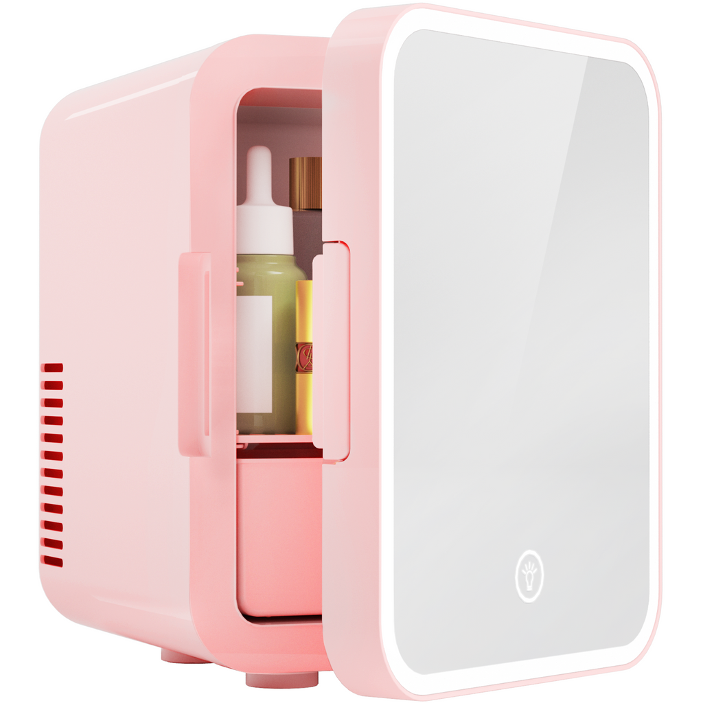 Simzlife Mini Fridge, 5L AC/DC Small Refrigerator with Dimmable LED Mirror, Portable Cooler and Warmer for Skin Care, Cosmetics, Beverage, 5L Makeup Mini Skincare Fridge for Bedroom, Car, Office, Pink