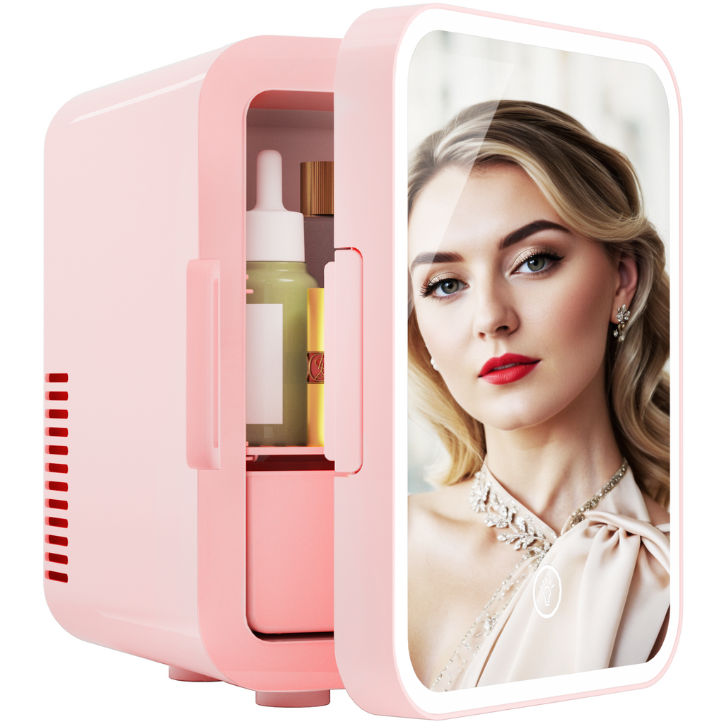 Simzlife Mini Fridge, 5L AC/DC Small Refrigerator with Dimmable LED Mirror, Portable Cooler and Warmer for Skin Care, Cosmetics, Beverage, 5L Makeup Mini Skincare Fridge for Bedroom, Car, Office, Pink