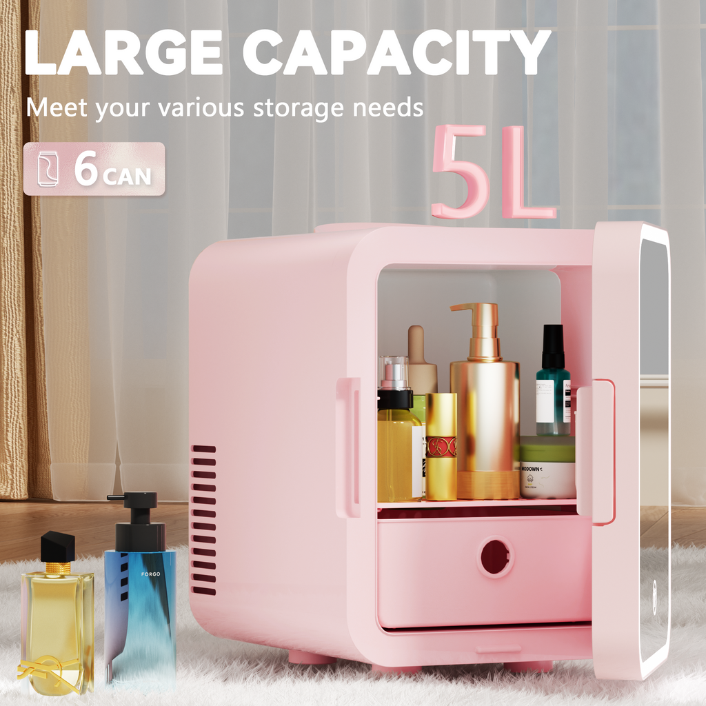 Simzlife Mini Fridge, 5L AC/DC Small Refrigerator with Dimmable LED Mirror, Portable Cooler and Warmer for Skin Care, Cosmetics, Beverage, 5L Makeup Mini Skincare Fridge for Bedroom, Car, Office, Pink