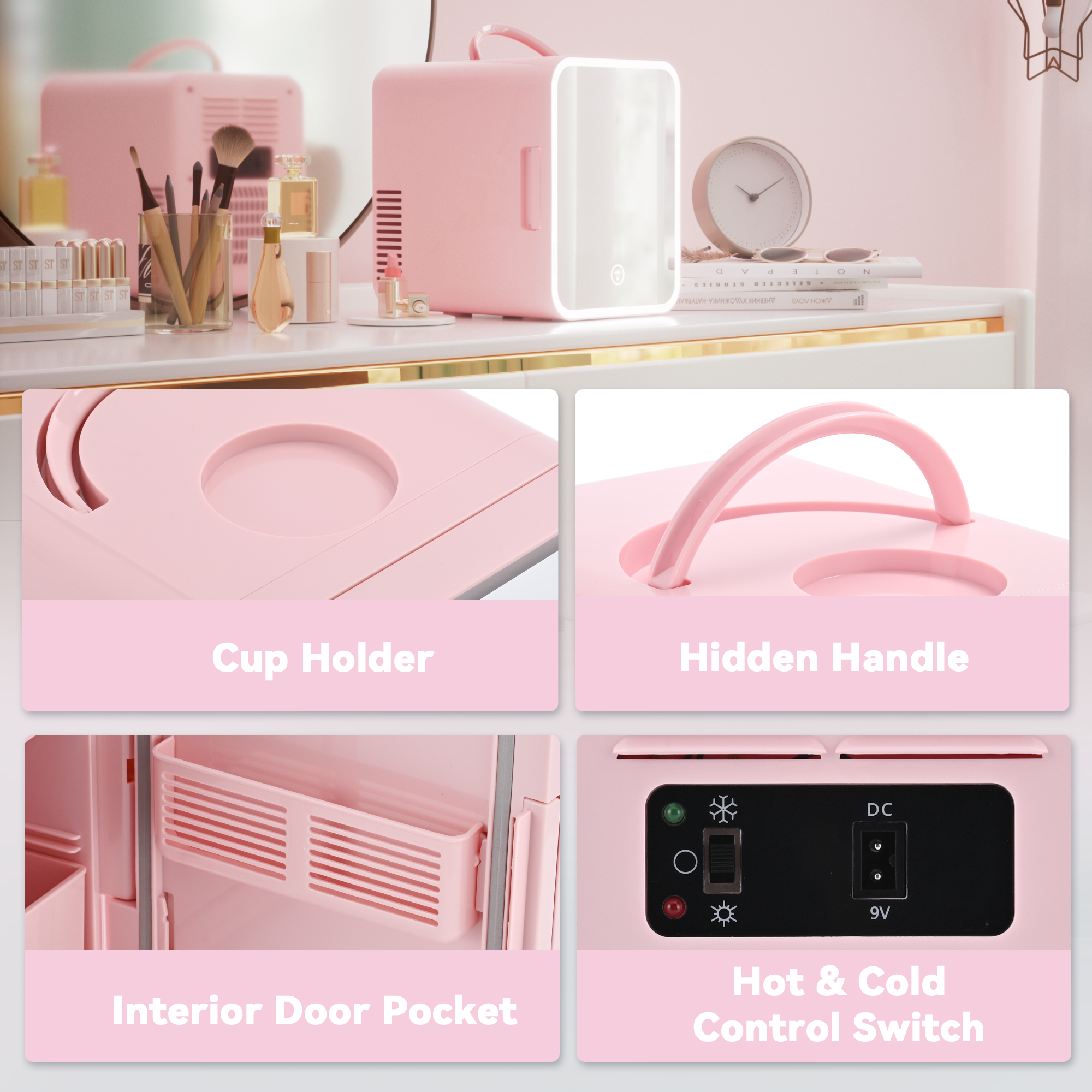 Simzlife Mini Fridge, 5L AC/DC Small Refrigerator with Dimmable LED Mirror, Portable Cooler and Warmer for Skin Care, Cosmetics, Beverage, 5L Makeup Mini Skincare Fridge for Bedroom, Car, Office, Pink