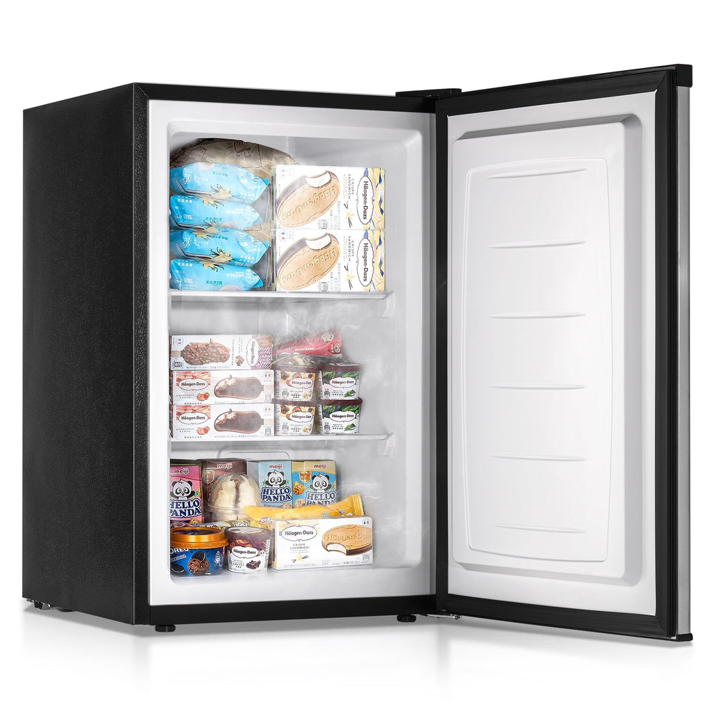 Simzlife 3.0 Cu.ft Upright freezer, Single Door Compact Design, Reversible Stainless Steel Door, Suitable for Home,Dorm,Apartment and Office,Silver