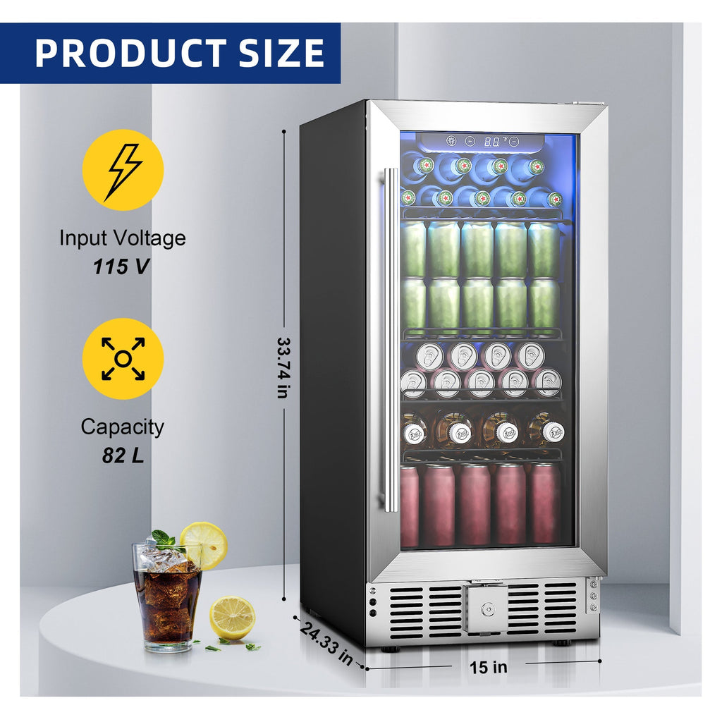 Simzlife 15" Built-in Beverage Refrigerator, 130 Cans Beverage Cooler, Under Counter Beer Fridge for Soda, Water, Wine for Kitchen, Bar or Office