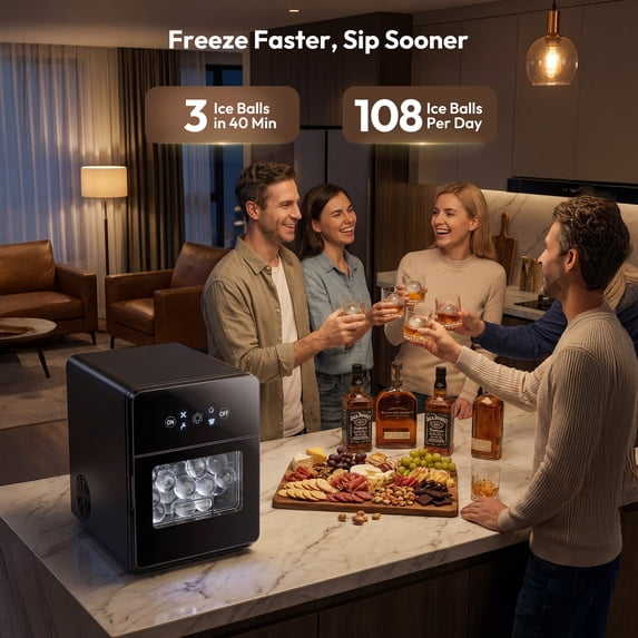 Simzlife Sphere Ice Maker, 6cm Clear Ice Ball Machine, 3 Balls/Batch for Whiskey & Cocktails, Touch Control