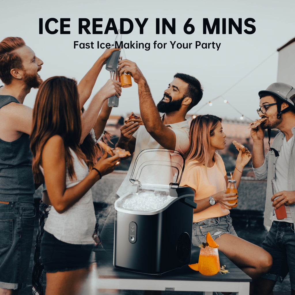 Simzlife Nugget Countertop Ice Maker with Soft Chewable Pellet Ice, Portable Ice Machine with Handle, Ready in 6 Mins, 33lbs Per Day, Self-Cleaning, for Home, Kitchen, Office, Black