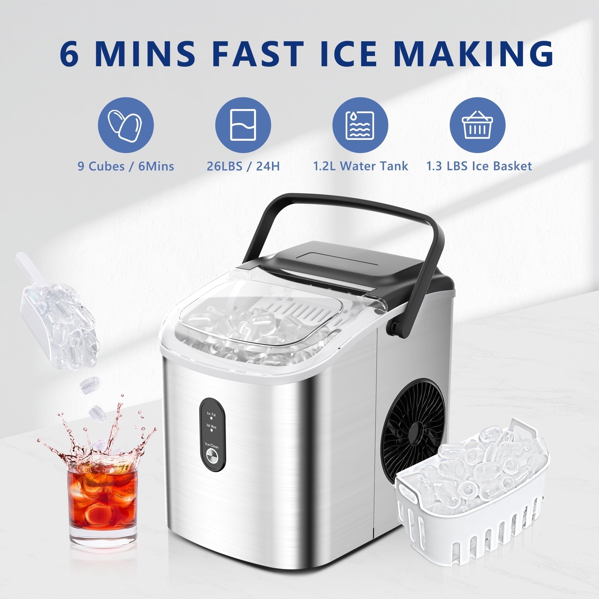 Simzlife Countertop Ice Maker with Handle, 9 bullet ice in 6 Mins, 26Lbs/24H, Self-Cleaning, Portable Ice Maker with Basket and Scoop